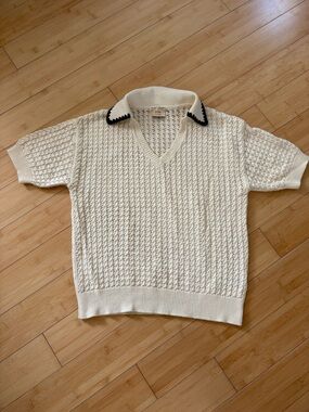 Elie Tahari 100 % Cotton Cream Knit Polo Sweater with Black Contrast Trim